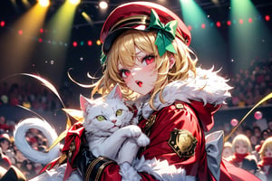 vtuber,Blonde girl,short hair,ruby-like eyes,red eyes,long red eyelashes,red lips, wearing a red snow hat with a white fur ball on the top,a purple starfish on the hat,white fur on the edge of the hat,and a red coat,coat with gold buttons,green skirt,green bow on the neck,green sneakers,gold laces,singing in front of microphone,holding a sleeping furry white cat,white cat wearing a pink bow on its head,surrounded by bubbles,shining point,concert,colorful stage lighting,no people,Tetris game background