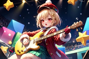 Blonde woman,singing,playing electric guitar,short hair,red eyes,long red eyelashes,red lips,wearing a red snow hat with a white fur ball on the top,a purple starfish on the hat,white fur on the edge of the hat,and a red coat,coat with gold buttons,green skirt,green bow on the neck,green sneakers,gold laces, no gloves,singing in front of microphone,sleeping furry white cat audience,white cat wearing a pink bow on head,surrounded by bubbles,shining point,concert,colorful stage lighting,no people,Tetris game background,anime