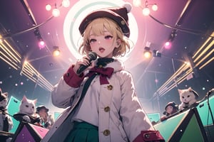 solo,Blonde woman,singing,playing electric guitar,short hair,red eyes,long red eyelashes,red lips,wearing a red snow hat with a white fur ball on the top,a purple starfish on the hat,white fur on the edge of the hat,and a red coat,coat with gold buttons,green skirt,green bow on the neck,green sneakers,gold laces, no gloves,singing in front of microphone,sleeping furry white cat audience,white cat wearing a pink bow on head,surrounded by bubbles,shining point,concert,colorful stage lighting,no people,Tetris game background