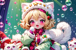 Blonde girl,close eyes,short hair,ruby-like eyes,long red eyelashes,red lips, wearing a red snow hat with a white fur ball on the top,a purple starfish on the hat,white fur on the edge of the hat,and a red coat,coat with gold buttons,green skirt,green bow on the neck,green sneakers,gold laces, no gloves,singing in front of microphone,sleeping furry white cat audience,white cat wearing a pink bow on its head,surrounded by bubbles,shining point,concert,colorful stage lighting,no people,Tetris game background