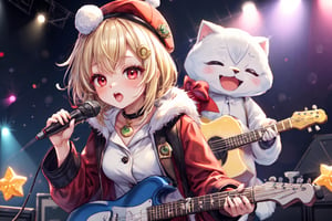 Blonde woman,singing,playing electric guitar,short hair,red eyes,long red eyelashes,red lips,wearing a red snow hat with a white fur ball on the top,a purple starfish on the hat,white fur on the edge of the hat,and a red coat,coat with gold buttons,green skirt,green bow on the neck,green sneakers,gold laces, no gloves,singing in front of microphone,sleeping furry white cat audience,white cat wearing a pink bow on head,surrounded by bubbles,shining point,concert,colorful stage lighting,no people,Tetris game background,anime