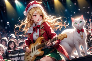 Blonde girl,singing,playing electric guitar,long hair,red eyes,long red eyelashes,red lips,wearing a red snow hat with a white fur ball on the top,a purple starfish on the hat,white fur on the edge of the hat,and a red coat,coat with gold buttons,green skirt,green bow on the neck,green sneakers,gold laces, no gloves,singing in front of microphone,sleeping furry white cat audience,white cat wearing a pink bow on head,surrounded by bubbles,shining point,concert,colorful stage lighting,no people,Tetris game background,anime