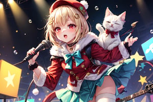 Blonde woman,singing,playing electric guitar,short hair,red eyes,long red eyelashes,red lips,wearing a red snow hat with a white fur ball on the top,a purple starfish on the hat,white fur on the edge of the hat,and a red coat,coat with gold buttons,green skirt,green bow on the neck,green sneakers,gold laces, no gloves,singing in front of microphone,sleeping furry white cat audience,white cat wearing a pink bow on head,surrounded by bubbles,shining point,concert,colorful stage lighting,no people,Tetris game background,anime