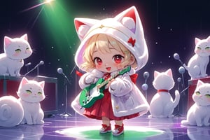 Blonde girl,singing,playing electric guitar,short hair,red eyes,long red eyelashes,red lips,wearing a red snow hat with a white fur ball on the top,a purple starfish on the hat,white fur on the edge of the hat,and a red coat,coat with gold buttons,green skirt,green bow on the neck,green sneakers,gold laces, no gloves,singing in front of microphone,sleeping furry white cat audience,white cat wearing a pink bow on head,surrounded by bubbles,shining point,concert,colorful stage lighting,no people,Tetris game background,anime