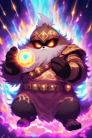 1Ninja tanuki,fighting,7 color Ninja outfit,7 color ancient alchemy God,holding cosmic ball,chanting,7 color shining ancient words everywhere,glowing mantra everywhere,luminous engraving everywhere,seal,strong style,sun king,sun halo,solo,special long white beard,long white eyebrows,gather lightning elixir in the palm of hand,king of glory,focused on  elixir,aim at pill,colorful skin,surrounded by flames,golden butterfly wings,emitting golden light,wearing golden bib short with no shoulder strap on left shoulder,no humans,flame,beam,fire alchemy furnace,thunder pill,crystal cave,crystal background,diamond,gem,tanuki,no human