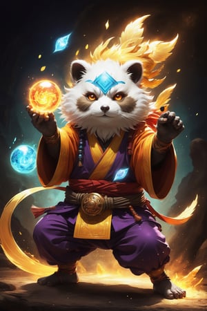 1Ninja tanuki,fighting,7 color Ninja outfit,7 color ancient alchemy God,holding cosmic ball,chanting,7 color shining ancient words everywhere,glowing mantra everywhere,luminous engraving everywhere,seal,strong style,sun king,sun halo,solo,special long white beard,long white eyebrows,gather lightning elixir in the palm of hand,king of glory,focused on  elixir,aim at pill,colorful skin,surrounded by flames,golden butterfly wings,emitting golden light,wearing golden bib short with no shoulder strap on left shoulder,no humans,flame,beam,fire alchemy furnace,thunder pill,crystal cave,crystal background,diamond,gem