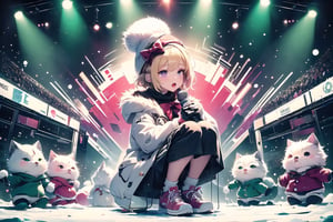 Blonde girl,short hair,red eyes,long red eyelashes,red lips, wearing a red snow hat with a white fur ball on the top,a purple starfish on the hat,white fur on the edge of the hat,and a red coat,coat with gold buttons,green skirt,green bow on the neck,green sneakers,gold laces, no gloves,singing in front of microphone,surrounded by sleeping furry white cat,white cat wearing a pink bow on its head,surrounded by bubbles,shining point,concert,colorful stage lighting,no people,Tetris game background