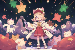 Blonde girl,short hair,ruby-like eyes,long red eyelashes,red lips, wearing a red snow hat with a white fur ball on the top,a purple starfish on the hat,white fur on the edge of the hat,and a red coat,coat with gold buttons,green skirt,green bow on the neck,green sneakers,gold laces, no gloves,singing in front of microphone,surrounded by sleeping furry white cat,white cat wearing a pink bow on its head,surrounded by bubbles,shining point,concert,colorful stage lighting,no people,Tetris game background