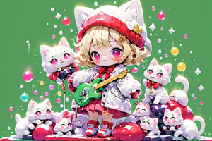 Blonde girls,playing electric guitar,short hair,red eyes,long red eyelashes,red lips,wearing a red snow hat with a white fur ball on the top,a purple starfish on the hat,white fur on the edge of the hat,and a red coat,coat with gold buttons,green skirt,green bow on the neck,green sneakers,gold laces, no gloves,singing in front of microphone,sleeping furry white cat audience,white cat wearing a pink bow on head,surrounded by bubbles,shining point,concert,colorful stage lighting,no people,Tetris game background,anime