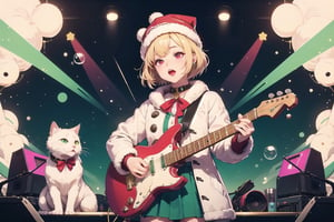 solo,Blonde woman,singing,playing electric guitar,short hair,red eyes,long red eyelashes,red lips,wearing a red snow hat with a white fur ball on the top,a purple starfish on the hat,white fur on the edge of the hat,and a red coat,coat with gold buttons,green skirt,green bow on the neck,green sneakers,gold laces, no gloves,singing in front of microphone,sleeping furry white cat audience,white cat wearing a pink bow on head,surrounded by bubbles,shining point,concert,colorful stage lighting,no people,Tetris game background