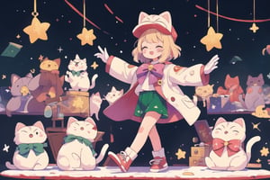 Blonde girl,short hair,ruby-like eyes,long red eyelashes,red lips, wearing a red snow hat with a white fur ball on the top,a purple starfish on the hat,white fur on the edge of the hat,and a red coat,coat with gold buttons,green skirt,green bow on the neck,green sneakers,gold laces, no gloves,singing in front of microphone,surrounded by sleeping furry white cat,white cat wearing a pink bow on its head,surrounded by bubbles,shining point,concert,colorful stage lighting,no people,Tetris game background