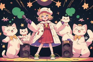 Blonde girl,short hair,ruby-like eyes,long red eyelashes,red lips, wearing a red snow hat with a white fur ball on the top,a purple starfish on the hat,white fur on the edge of the hat,and a red coat,coat with gold buttons,green skirt,green bow on the neck,green sneakers,gold laces, no gloves,singing in front of microphone,surrounded by sleeping furry white cat,white cat wearing a pink bow on its head,surrounded by bubbles,shining point,concert,colorful stage lighting,no people,Tetris game background