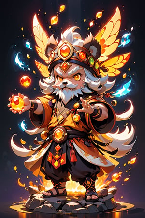 1Ninja tanuki,fighting,7 color Ninja outfit,7 color ancient alchemy God,holding cosmic ball,chanting,7 color shining ancient words everywhere,glowing mantra everywhere,luminous engraving everywhere,seal,strong style,sun king,sun halo,solo,special long white beard,long white eyebrows,gather lightning elixir in the palm of hand,king of glory,focused on  elixir,aim at pill,colorful skin,surrounded by flames,golden butterfly wings,emitting golden light,wearing golden bib short with no shoulder strap on left shoulder,no humans,flame,beam,fire alchemy furnace,thunder pill,crystal cave,crystal background,diamond,gem,tanuki,no human