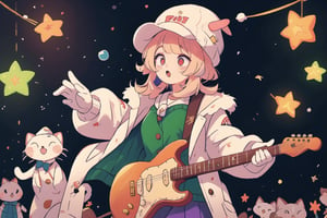 solo,Blonde woman,singing,playing electric guitar,short hair,red eyes,long red eyelashes,red lips,wearing a red snow hat with a white fur ball on the top,a purple starfish on the hat,white fur on the edge of the hat,and a red coat,coat with gold buttons,green skirt,green bow on the neck,green sneakers,gold laces, no gloves,singing in front of microphone,sleeping furry white cat audience,white cat wearing a pink bow on head,surrounded by bubbles,shining point,concert,colorful stage lighting,no people,Tetris game background