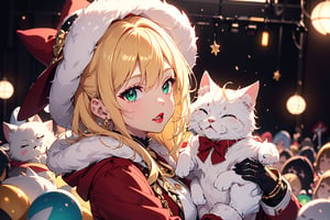 Blonde girl,short hair,ruby-like eyes,long red eyelashes,red lips, wearing a red snow hat with a white fur ball on the top,a purple starfish on the hat,white fur on the edge of the hat,and a red coat,coat with gold buttons,green skirt,green bow on the neck,green sneakers,gold laces, no gloves,singing in front of microphone,holding a sleeping furry white cat,white cat wearing a pink bow on its head,surrounded by bubbles,shining point,concert,colorful stage lighting,no people,Tetris game background