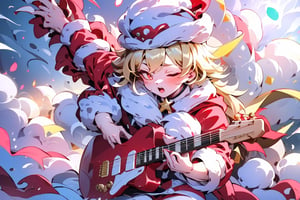 solo,Blonde woman,singing,playing electric guitar,short hair,red eyes,long red eyelashes,red lips,wearing a red snow hat with a white fur ball on the top,a purple starfish on the hat,white fur on the edge of the hat,and a red coat,coat with gold buttons,green skirt,green bow on the neck,green sneakers,gold laces, no gloves,singing in front of microphone,sleeping furry white cat audience,white cat wearing a pink bow on head,surrounded by bubbles,shining point,concert,colorful stage lighting,no people,electric guitar