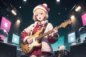 solo,Blonde woman,singing,playing electric guitar,short hair,red eyes,long red eyelashes,red lips,wearing a red snow hat with a white fur ball on the top,a purple starfish on the hat,white fur on the edge of the hat,and a red coat,coat with gold buttons,green skirt,green bow on the neck,green sneakers,gold laces, no gloves,singing in front of microphone,sleeping furry white cat audience,white cat wearing a pink bow on head,surrounded by bubbles,shining point,concert,colorful stage lighting,no people,Tetris game background