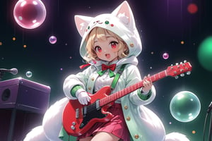 Blonde woman,singing,playing electric guitar,short hair,red eyes,long red eyelashes,red lips,wearing a red snow hat with a white fur ball on the top,a purple starfish on the hat,white fur on the edge of the hat,and a red coat,coat with gold buttons,green skirt,green bow on the neck,green sneakers,gold laces, no gloves,singing in front of microphone,sleeping furry white cat audience,white cat wearing a pink bow on head,surrounded by bubbles,shining point,concert,colorful stage lighting,no people,Tetris game background,anime