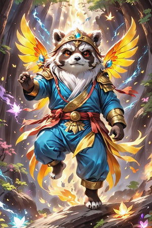 1Ninja tanuki,fighting,7 color Ninja outfit,7 color ancient alchemy God,holding cosmic ball,chanting,7 color shining ancient words everywhere,glowing mantra everywhere,luminous engraving everywhere,seal,strong style,sun king,sun halo,solo,special long white beard,long white eyebrows,gather lightning elixir in the palm of hand,king of glory,focused on  elixir,aim at pill,colorful skin,surrounded by flames,golden butterfly wings,emitting golden light,wearing golden bib short with no shoulder strap on left shoulder,no humans,flame,beam,fire alchemy furnace,thunder pill,crystal cave,crystal background,diamond,gem,tanuki,no human