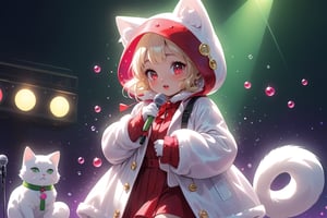 Blonde woman,playing electric guitar,short hair,red eyes,long red eyelashes,red lips,wearing a red snow hat with a white fur ball on the top,a purple starfish on the hat,white fur on the edge of the hat,and a red coat,coat with gold buttons,green skirt,green bow on the neck,green sneakers,gold laces, no gloves,singing in front of microphone,sleeping furry white cat audience,white cat wearing a pink bow on head,surrounded by bubbles,shining point,concert,colorful stage lighting,no people,Tetris game background,anime