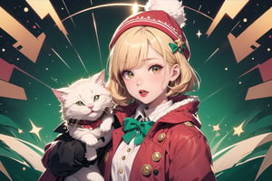 solo,Blonde woman,singing,playing electric guitar,short hair,red eyes,long red eyelashes,red lips,wearing a red snow hat with a white fur ball on the top,a purple starfish on the hat,white fur on the edge of the hat,and a red coat,coat with gold buttons,green skirt,green bow on the neck,green sneakers,gold laces, no gloves,singing in front of microphone,sleeping furry white cat audience,white cat wearing a pink bow on head,surrounded by bubbles,shining point,concert,colorful stage lighting,no people,Tetris game background