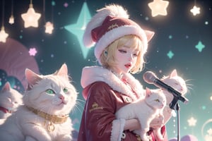 Blonde girl,short hair,ruby-like eyes,long red eyelashes,red lips, wearing a red snow hat with a white fur ball on the top,a purple starfish on the hat,white fur on the edge of the hat,and a red coat,coat with gold buttons,green skirt,green bow on the neck,green sneakers,gold laces, no gloves,singing in front of microphone,surrounded by sleeping furry white cat,white cat wearing a pink bow on its head,surrounded by bubbles,shining point,concert,colorful stage lighting,no people,Tetris game background