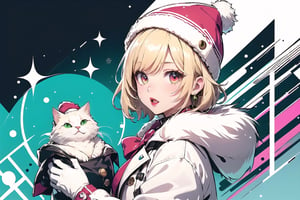 Blonde girl,short hair,red eyes,long red eyelashes,red lips, wearing a red snow hat with a white fur ball on the top,a purple starfish on the hat,white fur on the edge of the hat,and a red coat,coat with gold buttons,green skirt,green bow on the neck,green sneakers,gold laces, no gloves,singing in front of microphone,surrounded by sleeping furry white cat,white cat wearing a pink bow on its head,surrounded by bubbles,shining point,concert,colorful stage lighting,no people,Tetris game background