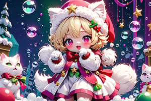 Blonde girl,short hair,ruby-like eyes,long red eyelashes,red lips, wearing a red snow hat with a white fur ball on the top,a purple starfish on the hat,white fur on the edge of the hat,and a red coat,coat with gold buttons,green skirt,green bow on the neck,green sneakers,gold laces, no gloves,singing in front of microphone,a sleeping furry white cat,white cat wearing a pink bow on its head,surrounded by bubbles,colorful stage lighting,no people,Tetris game background