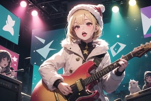 solo,Blonde woman,singing,playing electric guitar,short hair,red eyes,long red eyelashes,red lips,wearing a red snow hat with a white fur ball on the top,a purple starfish on the hat,white fur on the edge of the hat,and a red coat,coat with gold buttons,green skirt,green bow on the neck,green sneakers,gold laces, no gloves,singing in front of microphone,sleeping furry white cat audience,white cat wearing a pink bow on head,surrounded by bubbles,shining point,concert,colorful stage lighting,no people,Tetris game background