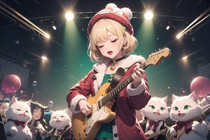 solo,Blonde woman,singing,playing electric guitar,short hair,red eyes,long red eyelashes,red lips,wearing a red snow hat with a white fur ball on the top,a purple starfish on the hat,white fur on the edge of the hat,and a red coat,coat with gold buttons,green skirt,green bow on the neck,green sneakers,gold laces, no gloves,singing in front of microphone,sleeping furry white cat audience,white cat wearing a pink bow on head,surrounded by bubbles,shining point,concert,colorful stage lighting,no people,Tetris game background