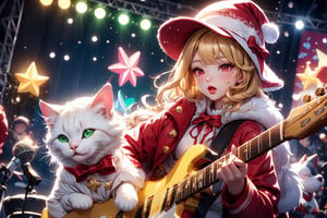 Blonde girl,singing,playing electric guitar,short hair,red eyes,long red eyelashes,red lips,wearing a red snow hat with a white fur ball on the top,a purple starfish on the hat,white fur on the edge of the hat,and a red coat,coat with gold buttons,green skirt,green bow on the neck,green sneakers,gold laces, no gloves,singing in front of microphone,sleeping furry white cat audience,white cat wearing a pink bow on head,surrounded by bubbles,shining point,concert,colorful stage lighting,no people,Tetris game background,anime