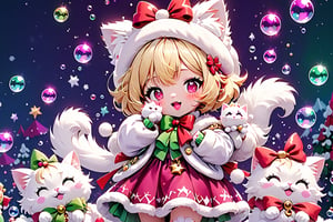 Blonde girl,short hair,ruby-like eyes,long red eyelashes,red lips, wearing a red snow hat with a white fur ball on the top,a purple starfish on the hat,white fur on the edge of the hat,and a red coat,coat with gold buttons,green skirt,green bow on the neck,green sneakers,gold laces, no gloves,singing in front of microphone,sleeping furry white cat audience,white cat wearing a pink bow on its head,surrounded by bubbles,shining point,concert,colorful stage lighting,no people,Tetris game background