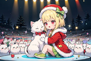 Blonde woman,singing,playing electric guitar,short hair,red eyes,long red eyelashes,red lips,wearing a red snow hat with a white fur ball on the top,a purple starfish on the hat,white fur on the edge of the hat,and a red coat,coat with gold buttons,green skirt,green bow on the neck,green sneakers,gold laces, no gloves,singing in front of microphone,sleeping furry white cat audience,white cat wearing a pink bow on head,surrounded by bubbles,shining point,concert,colorful stage lighting,no people,Tetris game background,anime