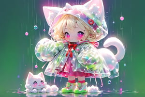 Blonde girl,short hair,ruby-like eyes,long red eyelashes,red lips, wearing a red snow hat with a white fur ball on the top,a purple starfish on the hat,white fur on the edge of the hat,and a red coat,coat with gold buttons,green skirt,green bow on the neck,green sneakers,gold laces, no gloves,singing in front of microphone,a sleeping furry white cat,white cat wearing a pink bow on its head,surrounded by bubbles,shining point,concert,colorful stage lighting,no people,Tetris game background