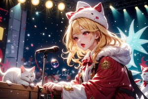 Blonde girl,singing,playing electric guitar,long hair,red eyes,long red eyelashes,red lips,wearing a red snow hat with a white fur ball on the top,a purple starfish on the hat,white fur on the edge of the hat,and a red coat,coat with gold buttons,green skirt,green bow on the neck,green sneakers,gold laces, no gloves,singing in front of microphone,sleeping furry white cat audience,white cat wearing a pink bow on head,surrounded by bubbles,shining point,concert,colorful stage lighting,no people,Tetris game background,anime