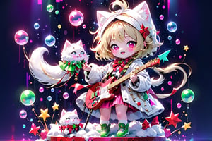 Blonde girls,playing electric guitar,short hair,red eyes,long red eyelashes,red lips,wearing a red snow hat with a white fur ball on the top,a purple starfish on the hat,white fur on the edge of the hat,and a red coat,coat with gold buttons,green skirt,green bow on the neck,green sneakers,gold laces, no gloves,singing in front of microphone,sleeping furry white cat audience,white cat wearing a pink bow on head,surrounded by bubbles,shining point,concert,colorful stage lighting,no people,Tetris game background,anime,glass