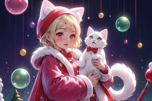 Blonde girl,singing,playing electric guitar,short hair,red eyes,long red eyelashes,red lips,wearing a red snow hat with a white fur ball on the top,a purple starfish on the hat,white fur on the edge of the hat,and a red coat,coat with gold buttons,green skirt,green bow on the neck,green sneakers,gold laces, no gloves,singing in front of microphone,sleeping furry white cat audience,white cat wearing a pink bow on head,surrounded by bubbles,shining point,concert,colorful stage lighting,no people,Tetris game background,anime