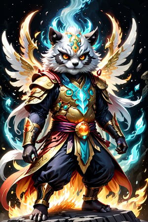 1Ninja tanuki,fighting,7 color Ninja outfit,7 color ancient alchemy God,holding cosmic ball,chanting,7 color shining ancient words everywhere,glowing mantra everywhere,luminous engraving everywhere,seal,strong style,sun king,sun halo,solo,special long white beard,long white eyebrows,gather lightning elixir in the palm of hand,king of glory,focused on  elixir,aim at pill,colorful skin,surrounded by flames,golden butterfly wings,emitting golden light,wearing golden bib short with no shoulder strap on left shoulder,no humans,flame,beam,fire alchemy furnace,thunder pill,crystal cave,crystal background,diamond,gem,tanuki,no human