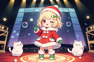 Blonde girl,short hair,red eyes,long red eyelashes,red lips, wearing a red snow hat with a white fur ball on the top,a purple starfish on the hat,white fur on the edge of the hat,and a red coat,coat with gold buttons,green skirt,green bow on the neck,green sneakers,gold laces, no gloves,singing in front of microphone,surrounded by sleeping furry white cat,white cat wearing a pink bow on its head,surrounded by bubbles,shining point,concert,colorful stage lighting,no people,Tetris game background