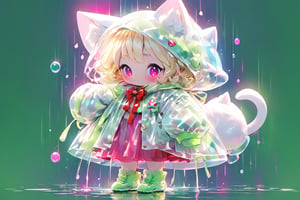 Blonde girl,short hair,ruby-like eyes,long red eyelashes,red lips, wearing a red snow hat with a white fur ball on the top,a purple starfish on the hat,white fur on the edge of the hat,and a red coat,coat with gold buttons,green skirt,green bow on the neck,green sneakers,gold laces, no gloves,singing in front of microphone,a sleeping furry white cat,white cat wearing a pink bow on its head,surrounded by bubbles,shining point,concert,colorful stage lighting,no people,Tetris game background