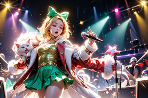 solo,Blonde woman,singing,playing electric guitar,short hair,red eyes,long red eyelashes,red lips,wearing a red snow hat with a white fur ball on the top,a purple starfish on the hat,white fur on the edge of the hat,and a red coat,coat with gold buttons,green skirt,green bow on the neck,green sneakers,gold laces, no gloves,singing in front of microphone,sleeping furry white cat audience,white cat wearing a pink bow on head,surrounded by bubbles,shining point,concert,colorful stage lighting,no people,Tetris game background