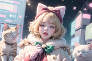 Blonde girl,short hair,ruby-like eyes,long red eyelashes,red lips, wearing a red snow hat with a white fur ball on the top,a purple starfish on the hat,white fur on the edge of the hat,and a red coat,coat with gold buttons,green skirt,green bow on the neck,green sneakers,gold laces, no gloves,singing in front of microphone,surrounded by sleeping furry white cat,white cat wearing a pink bow on its head,surrounded by bubbles,shining point,concert,colorful stage lighting,no people,Tetris game background