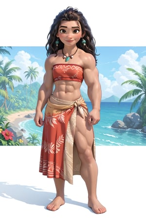 score_9,score_8_up,score_7_up, very muscular girl Moana, ((flat chest)), with a red off-the-shoulder crop top with tribal patterns, knee-length beige grass skirt, ((long beige sarong)) with yelow flower and tropical motif around the waist, short red sarong with tropical motif around the waist necklace with blue and white stone pendant, barefoot, full body, very strong arms, very strong long legs, very strong calves, very strong pectorals, pretty face, fine face, fine details, 8k