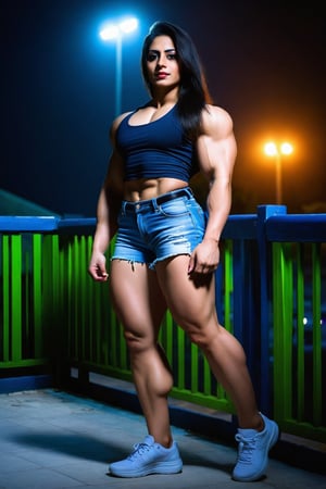 a muscular pakistani girl at night. Thick strong thigh , strong arms, jean shorts, full body, pale_skin, casual, noise, bad light