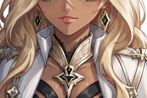 Only 1 Girl, female, semi realism, perfect cute face, long ashe blonde wavy hair, tanned skin, green eyes, pink lips, make-up, collar, harness dress clothes, long white cloak, crown, swordmaste, sexy view, Fatui Harbingers, close face view