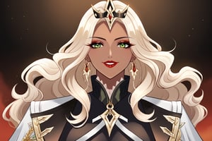 Only 1 Girl, mature female, semi realism, perfect face, long ashe blonde wavy hair, tanned skin, green eyes, red lips, makeup, collar, evil smile, dark aesthetic, white harness dress clothes, long white cloak, crown,  closer view