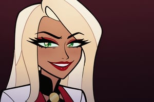 Only 1 Girl, female, semi realism, perfect face, long ashe blonde wavy hair, tanned skin, green eyes, red lips, makeup, collar, evil smile, dark aesthetic, harness dress clothes, long white cloak
