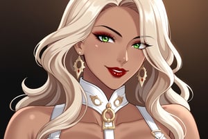 Only 1 Girl, mature female, semi realism, perfect face, long ashe blonde wavy hair, tanned skin, green eyes, red lips, makeup, collar, evil smile, dark aesthetic, white harness, sexy