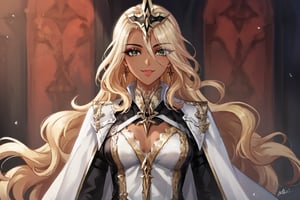 Only 1 Girl, female, semi realism, perfect cute face, long ashe blonde wavy hair, tanned skin, green eyes, pink lips, makeup, collar, white harness dress clothes, smiling,  long white cloak, crown, swordmaste, sexy view, Fatui Harbingers, closer look view, well drawn,  view face