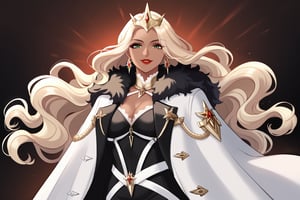 Only 1 Girl, mature female, semi realism, perfect face, long ashe blonde wavy hair, tanned skin, green eyes, red lips, makeup, collar, evil smile, dark aesthetic, white harness dress clothes, long white cloak, crown, 